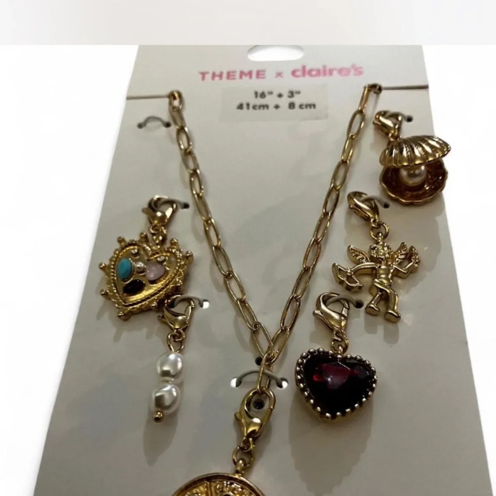 Claire's Gold Charm Necklace with Heart and Pearl Accents
